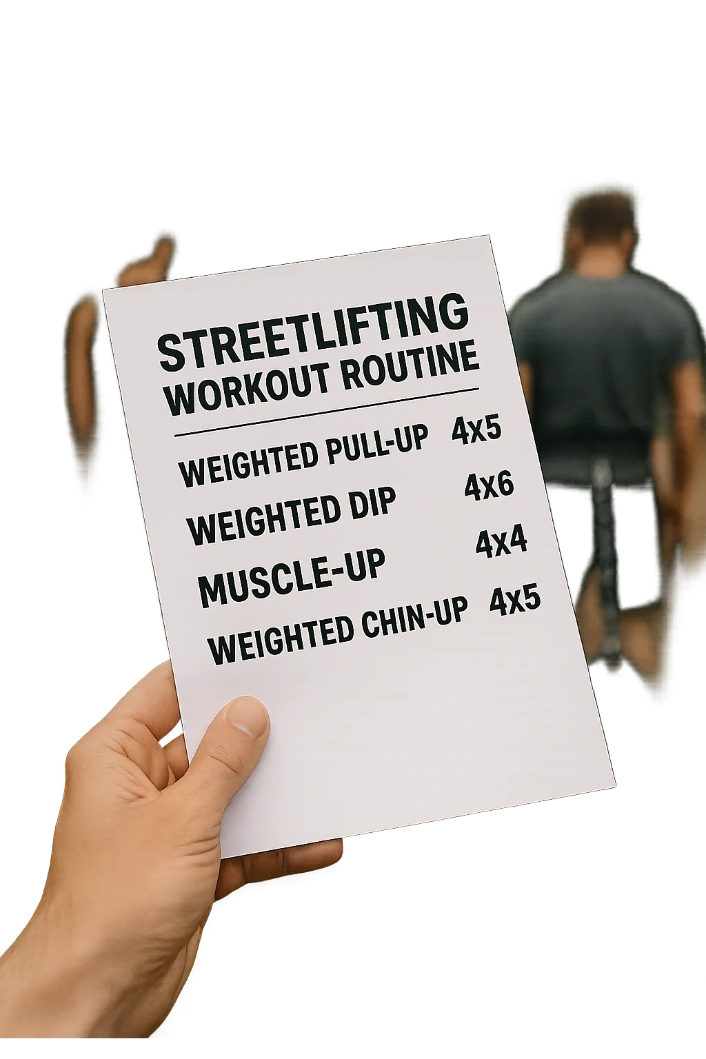 a close-up of a hand holding a printed streetlifting workout routine, with the exercises and sets written in bold text. In the background, an outdoor gym with pull-up bars, dip stations, and athletes wearing weighted belts. The lighting is natural, and the mood is motivational. emoji