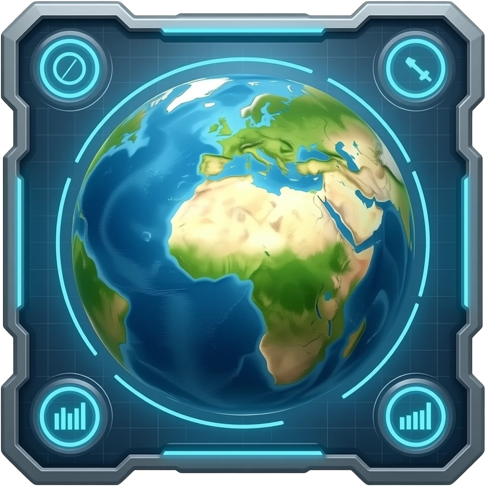 A futuristic HUD showing planet earth and data emoji