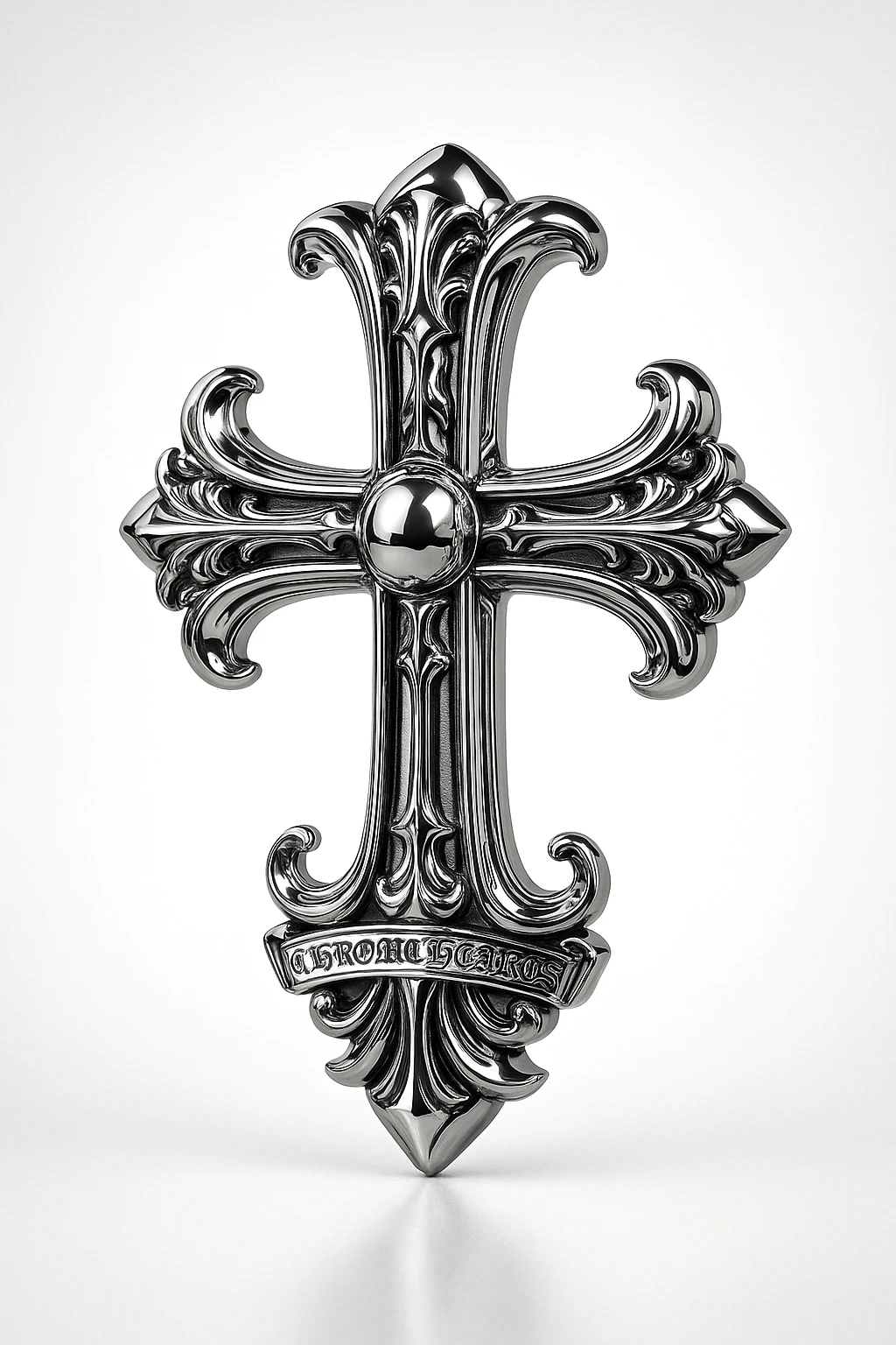 Chrome Hearts style cross, metallic finish, gothic baroque details, luxury jewelry, dramatic lighting emoji