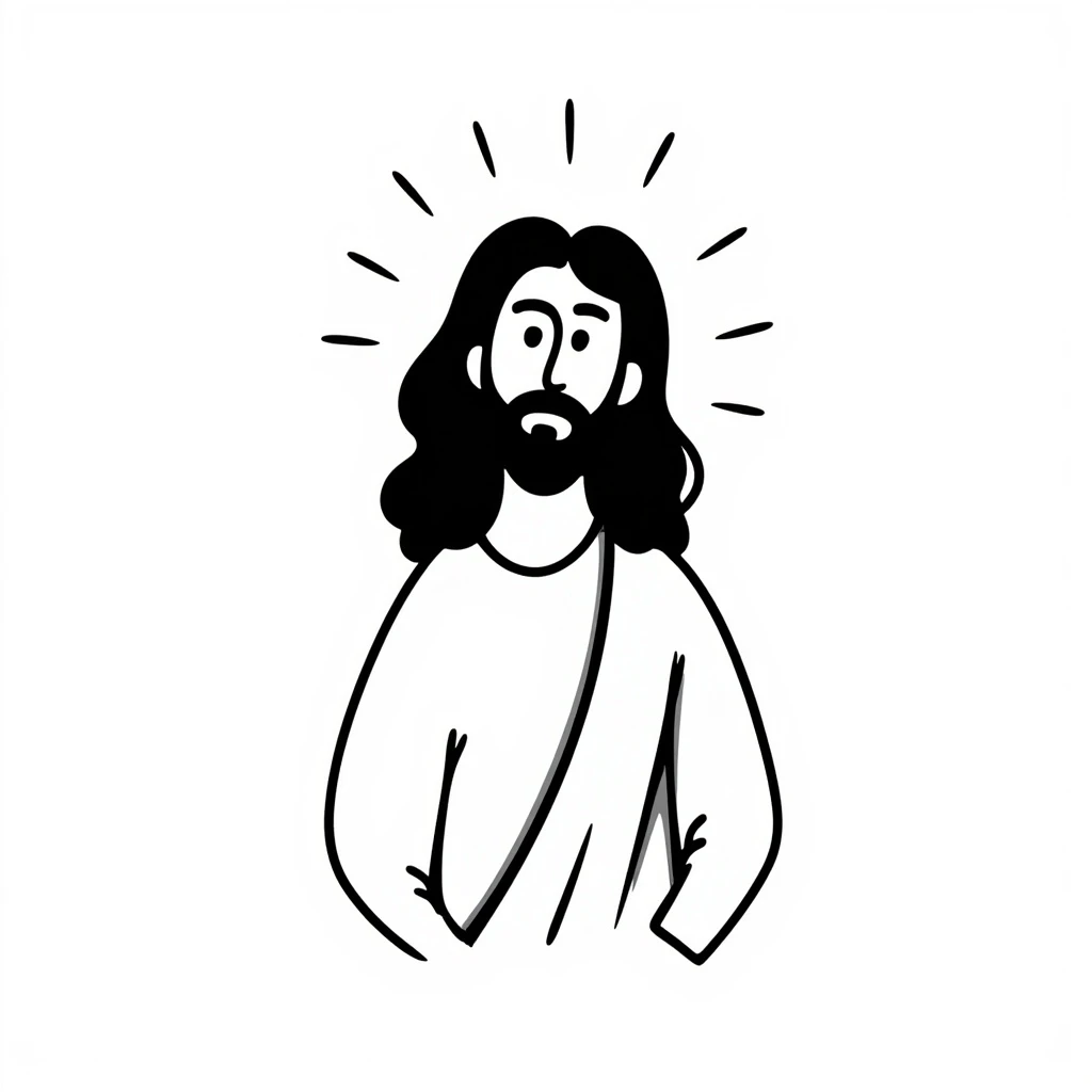 Jesus drawn with a reed pen, simple black ink illustration, minimalistic, expressive linework, no color emoji