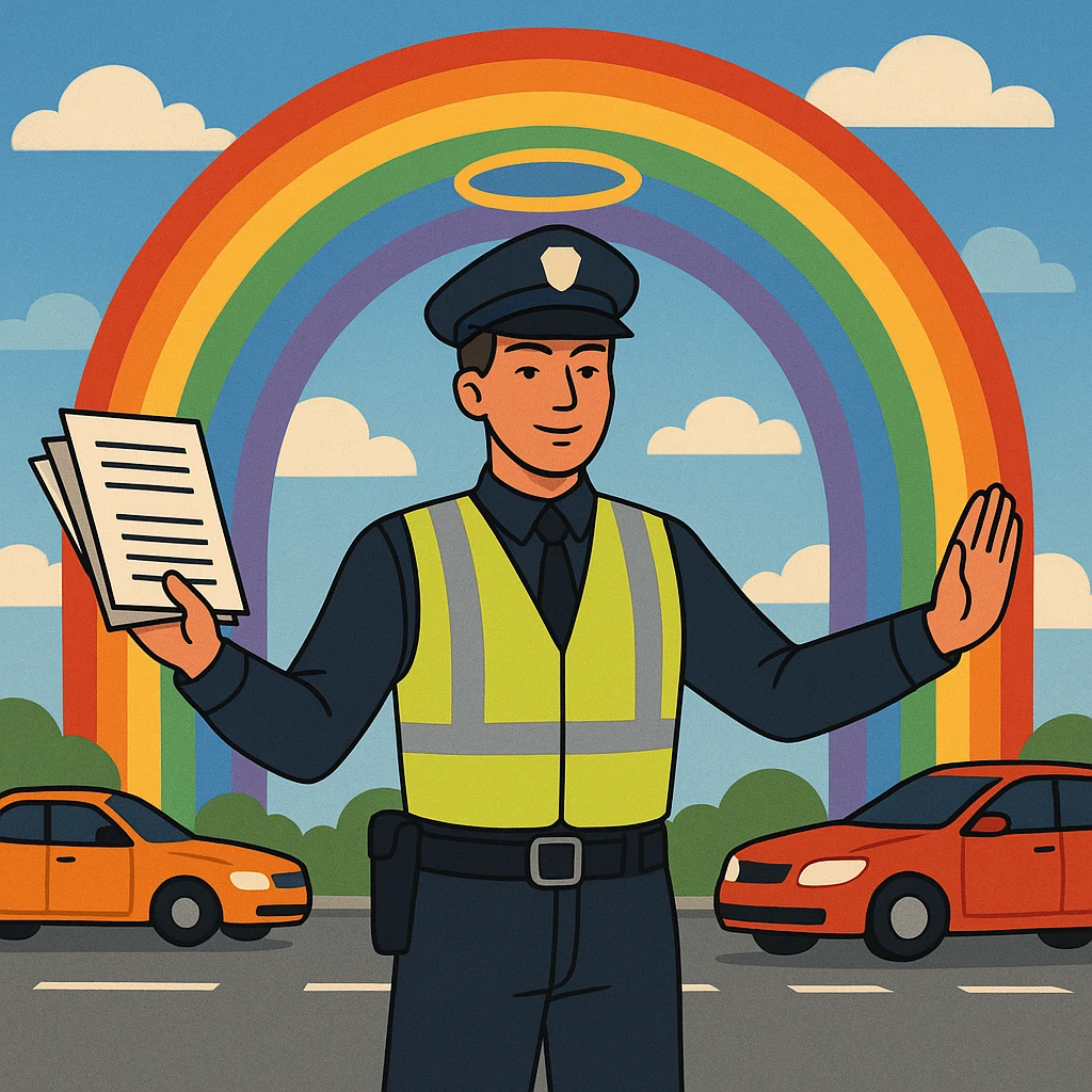 A traffic officer, angelic halo, rainbow in background, both hands out: one hand holding documents, the other hand with cars passing by. emoji
