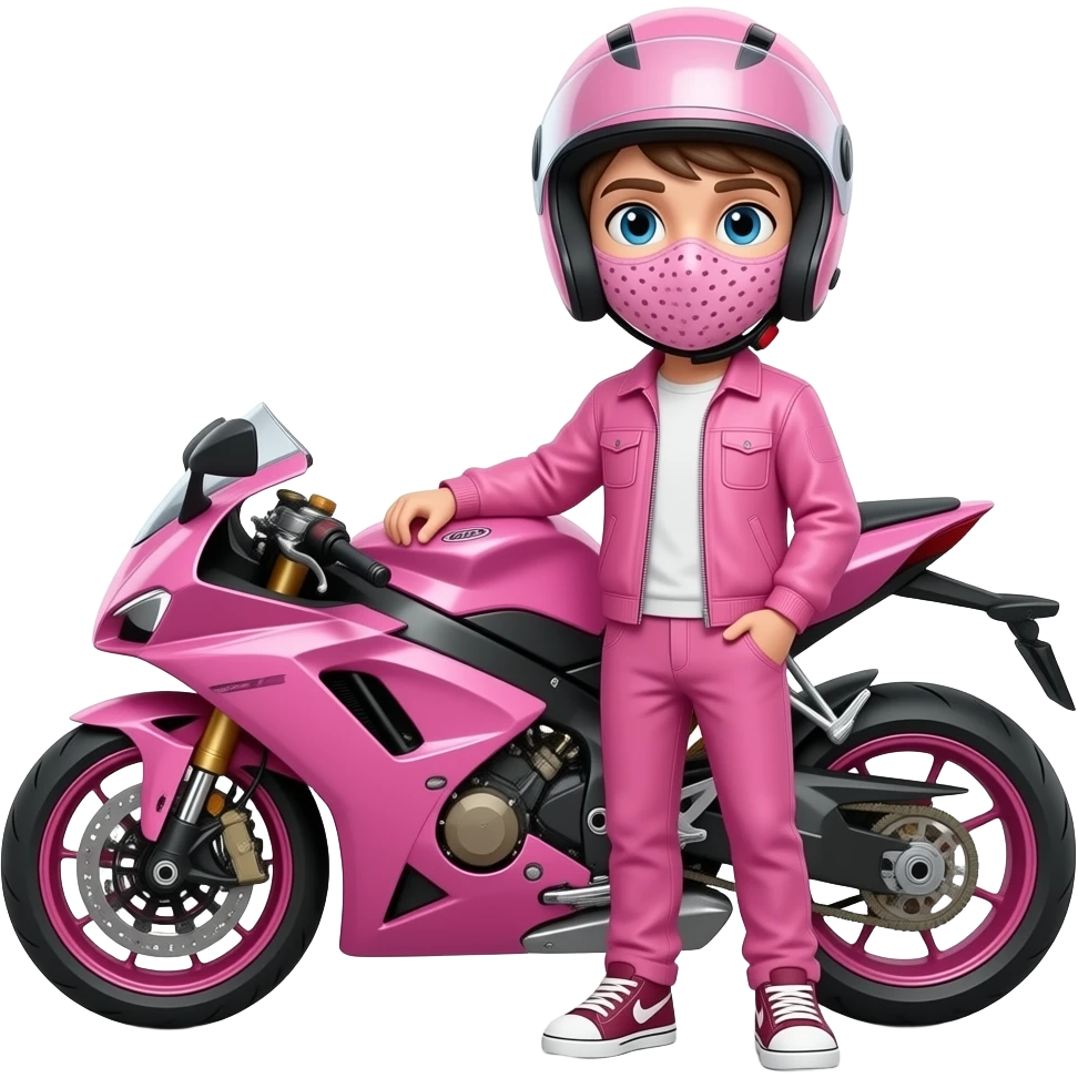 sexy boy with a motorcycle helmet in pink clothes and a pink motorcycle wearing a pink mask emoji