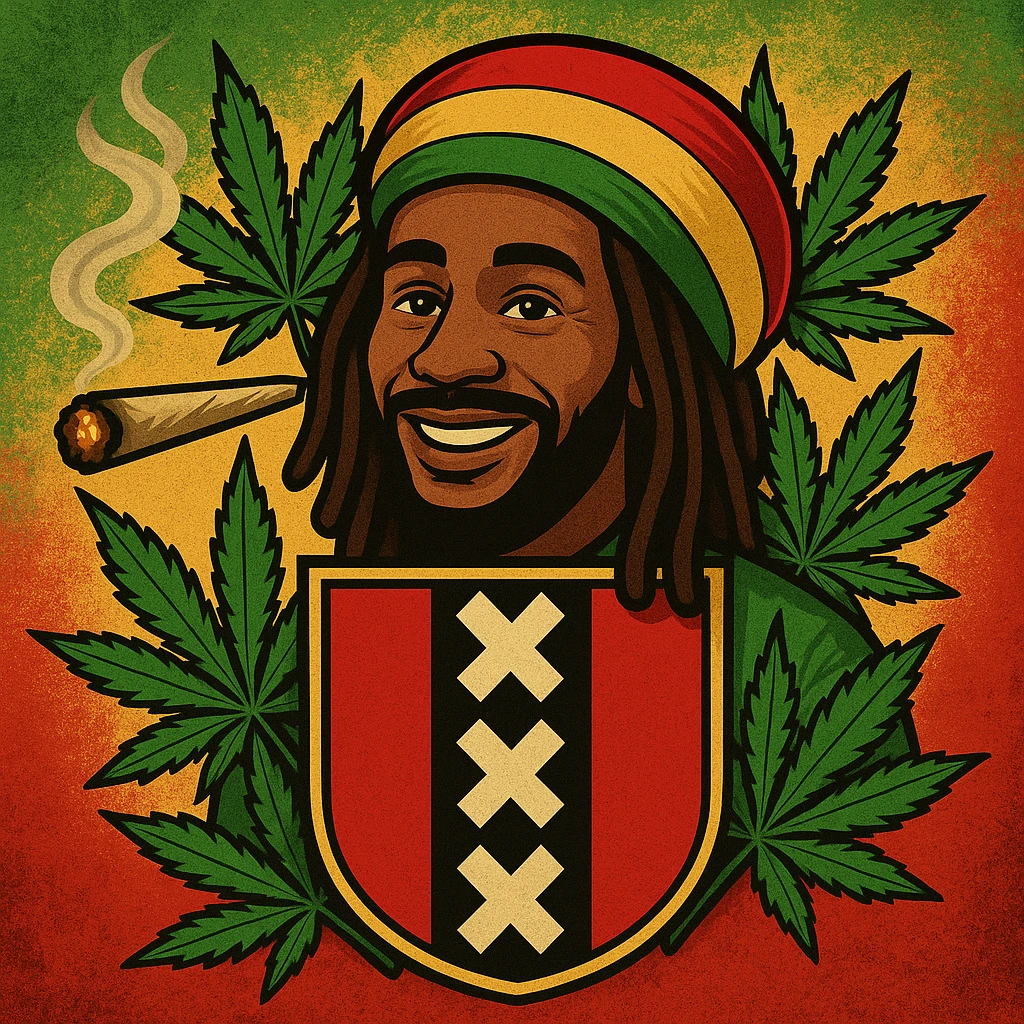 Create a digital illustration of a Rasta man with a friendly expression, wearing a red, gold, and green tam (Rastafarian hat), with dark brown skin and dreadlocks. Place him inside a bold, stylized Amsterdam coat of arms flag. The flag should have red, black, and gold tones with three white Xs in a vertical black stripe in the center. Surround the coat of arms with vibrant green cannabis leaves, a smoking spliff with rising smoke on the left side, and a textured reggae-colored background blending green, gold, and red. The style should be vintage, bold, and clean — like a high-quality reggae poster with modern emoji art flair. emoji