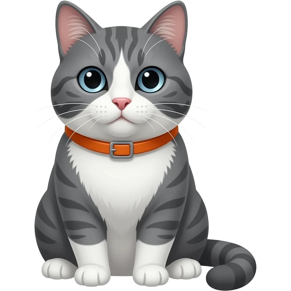 Que tenga más bigote largos, una mirada fría gris y patitas y estómago blanco, collar naranja, boca blanca, patitas blancas con un toque gris. Peludo algo gordito, bigotes caídos emoji