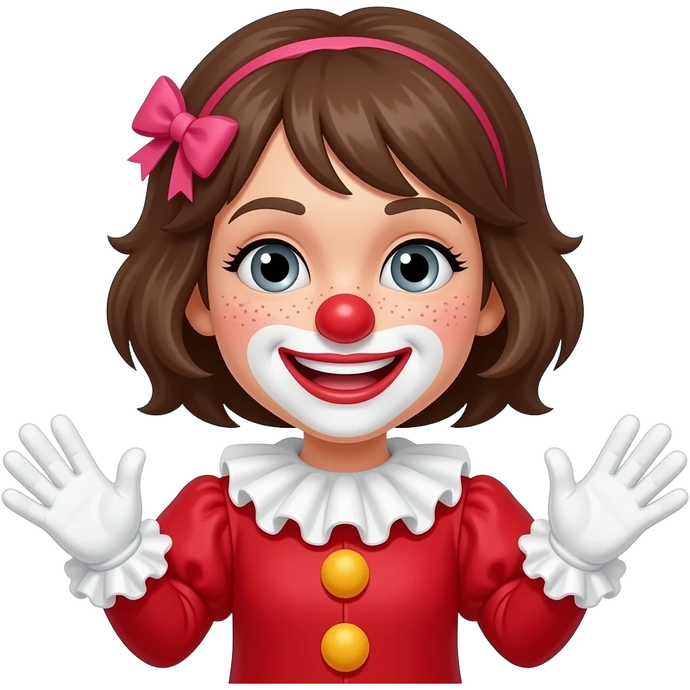 Brown hair. Pink bow, red clown outfit, freckles, grey eyes emoji