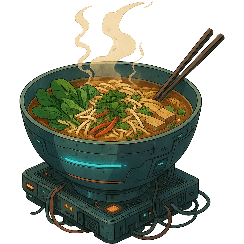cyberpunk futuristic, scifi, a bowl of delicious VEGAN pho, ramen, piping hot emoji