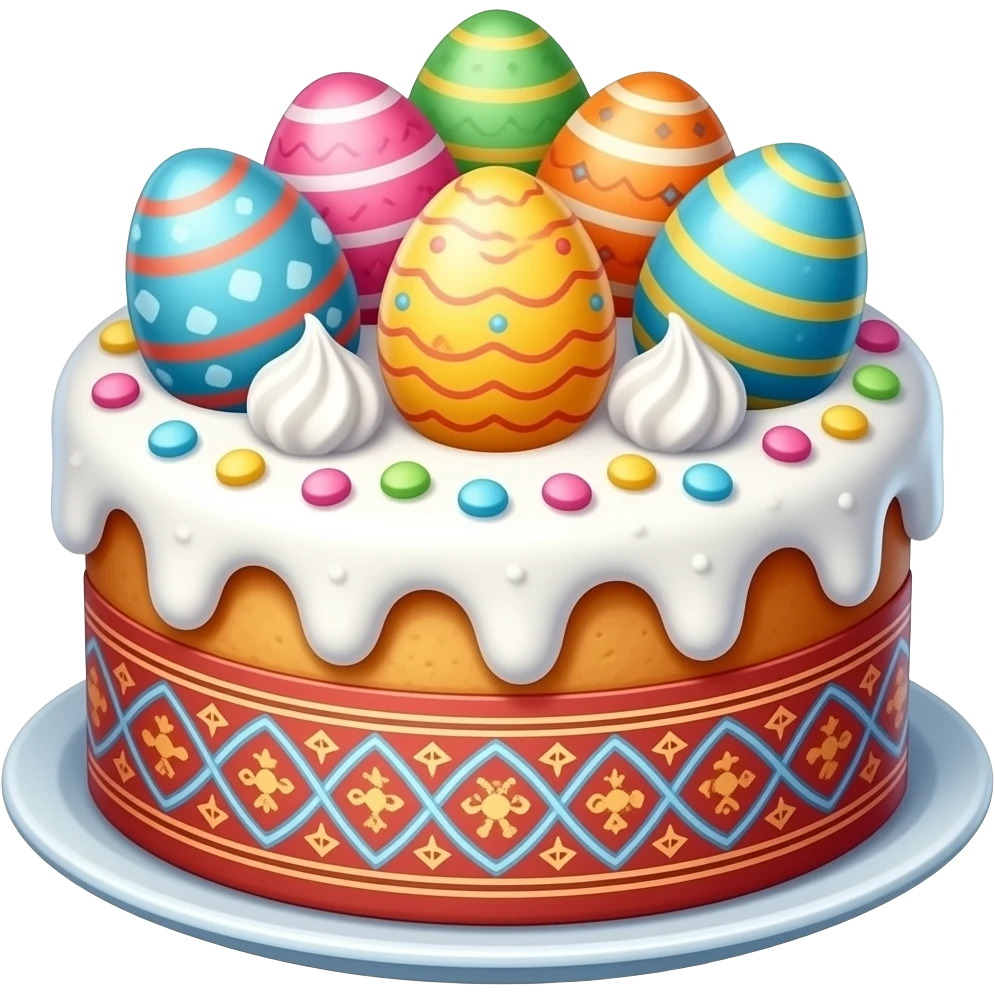 Russian motifs background, Easter cake with white cream and colorful decorations emoji