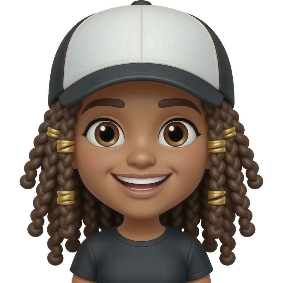 Memoji girl wearing a black and white trucker cap with long dreads with curly ends and gold hair charms. She's giving a big sneaky m emoji