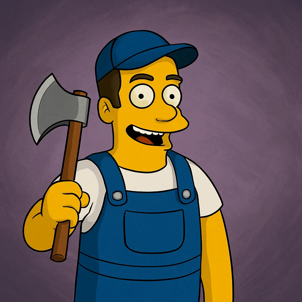 Regenerate the image keeping the same angle, facial expression, clothing, size and shape proportions, but replace the wrench in the right hand with a medieval axe. Maintain the style and color scheme as in the original image. emoji