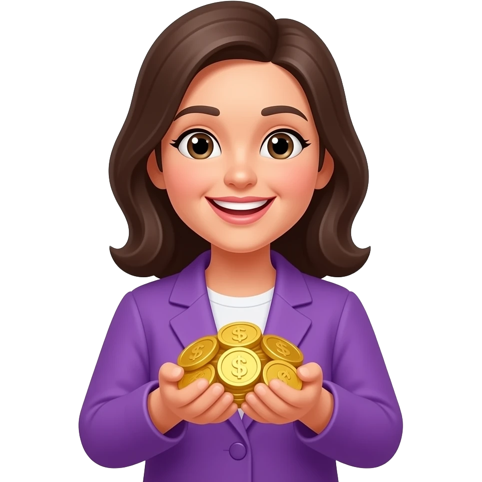 Счастливая женщина с кучей золота в фиолетовой одежде не доллар emoji