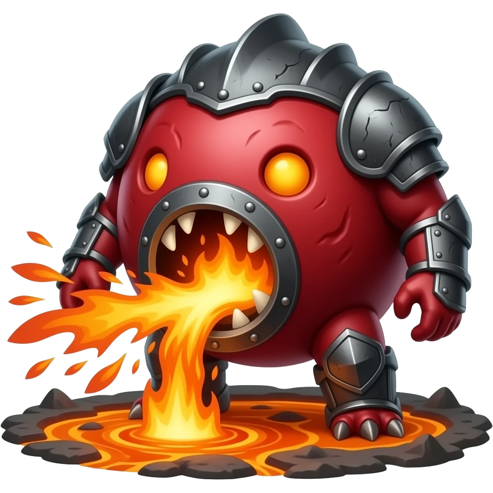 A red sime-ball-like monster with charcoal armor plates and a furnace-hot jaw. It lurks near geothermal rivers and snaps with explosive bursts of heat. emoji