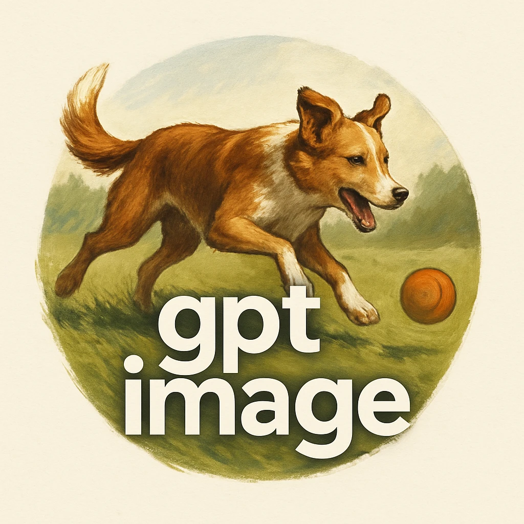  logo with text "gpt image" on the background of a dog chasing ball, realistic image emoji