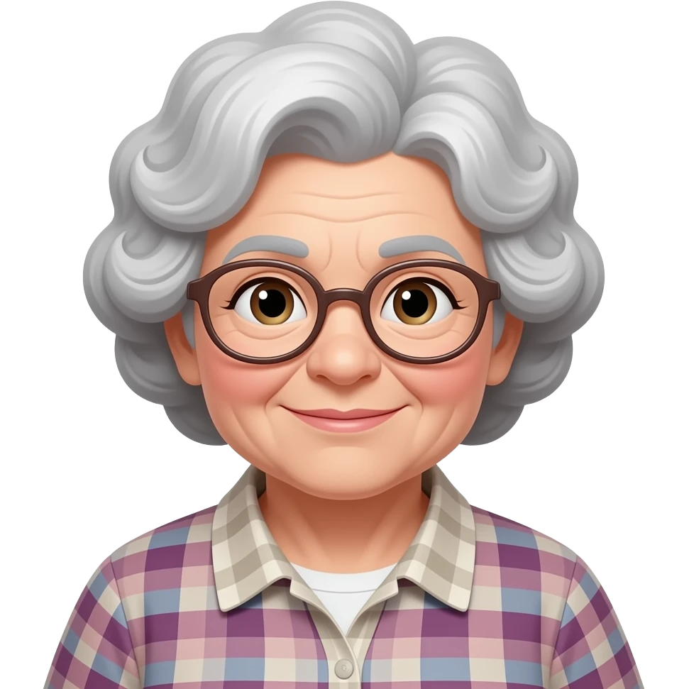 Silly old lady, curly gray hair, thinner eyebrows, glasses, chubby emoji