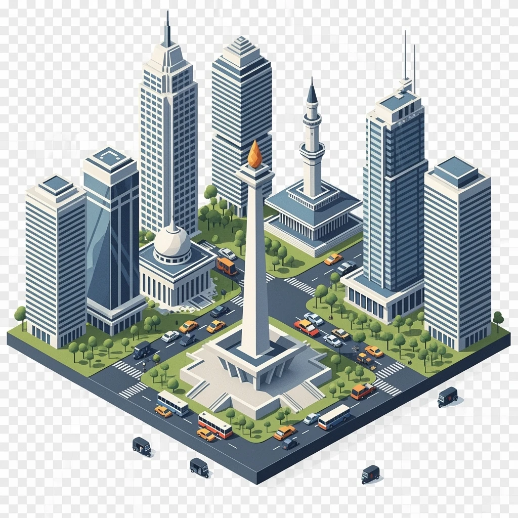 Isometric minimalistic illustration of Jakarta Monas (National Monument), Istiqlal Mosque, skyscrapers of Sudirman CBD, bustling streets with traffic and tuk-tuks, subtle 3D miniature effect and Tilt Shift effect, no cartoonish look, transparent background. emoji