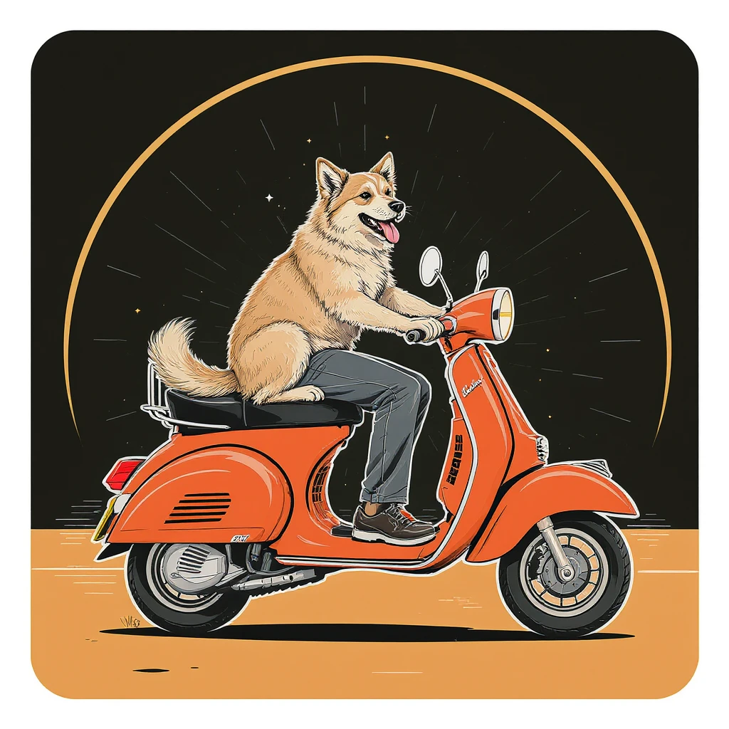 vector art of a man and his pet dog riding a vespa, for website design  emoji
