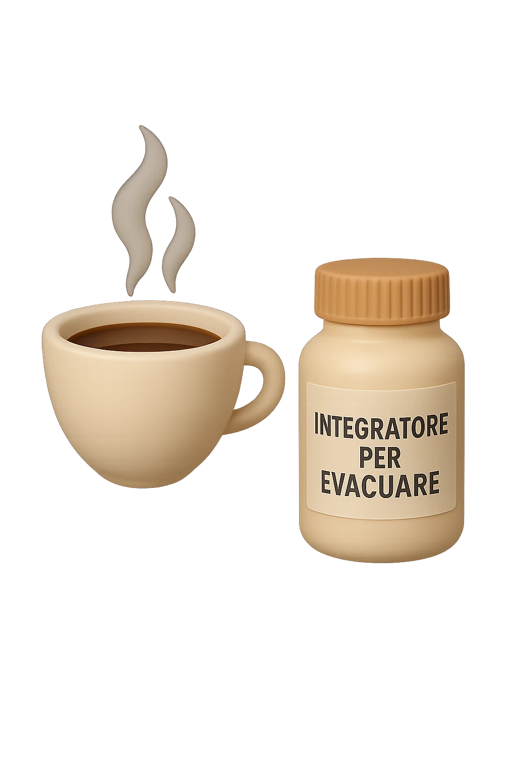EMOJI STILE IPHONE 3D DI un caffè e di una boccetta di integratore con la scritta "INTEGRATORE PER EVACUARE" SULL'ETICHETTA CHE FLUTTUANO IN ARIA, iperrealistico 4k emoji