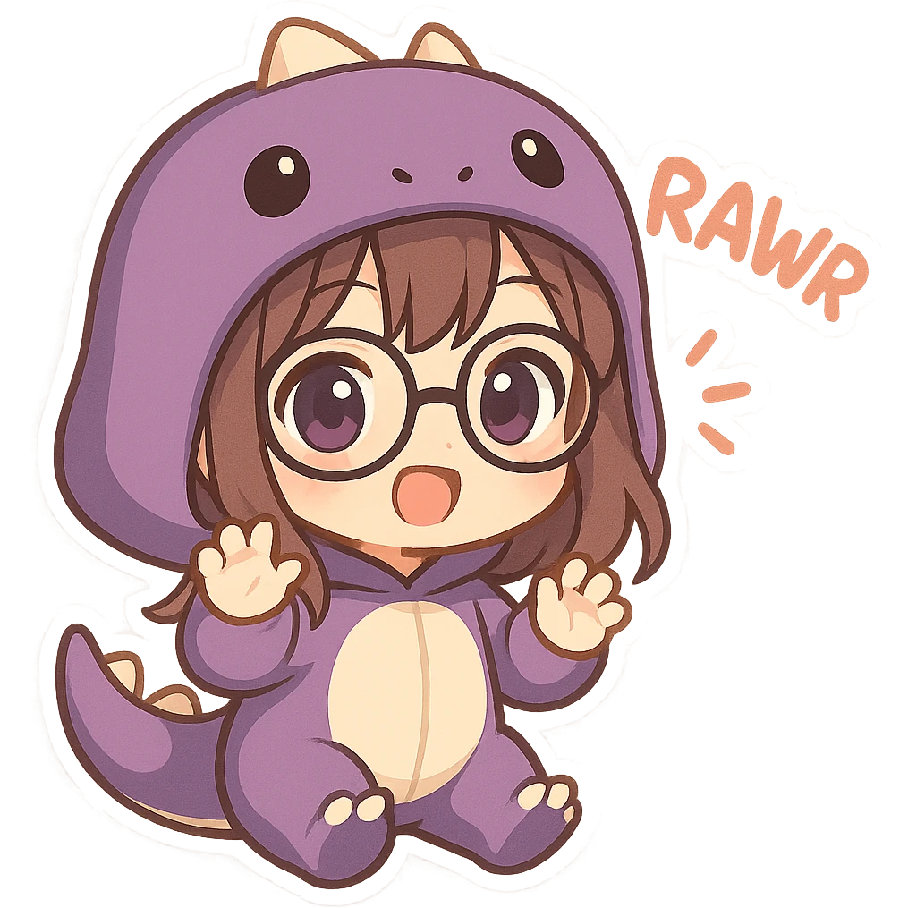 chibi anime style girl with glasses, brown hair, dark purple eyes, wearing a purple dinosaur costume, saying 'rawr' in a cute playful way emoji