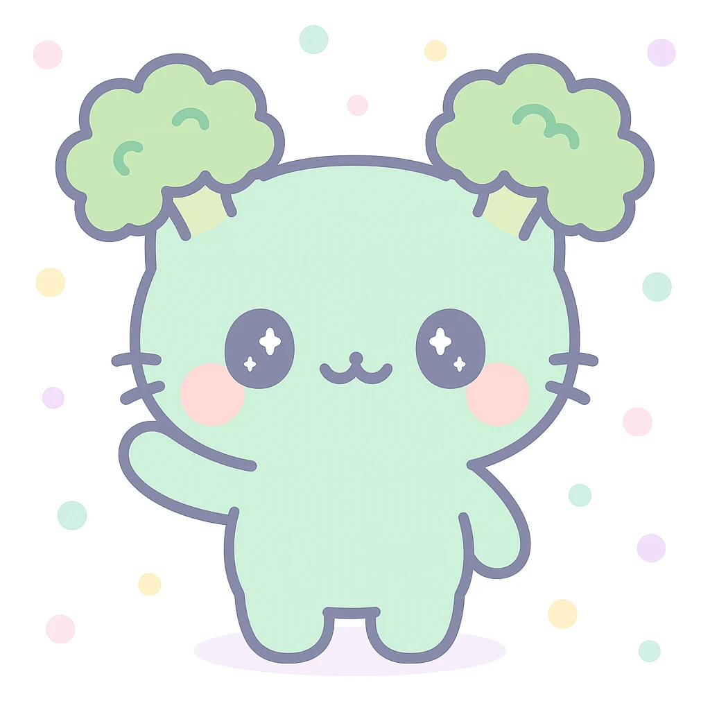 broccoli cat standing and waving, broccoli top as ears, soft and fuzzy, kawaii style emoji