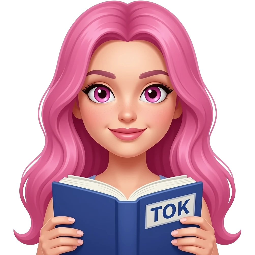sexy girl with long pink hair and pink eyes holding a BOOKTOK emoji