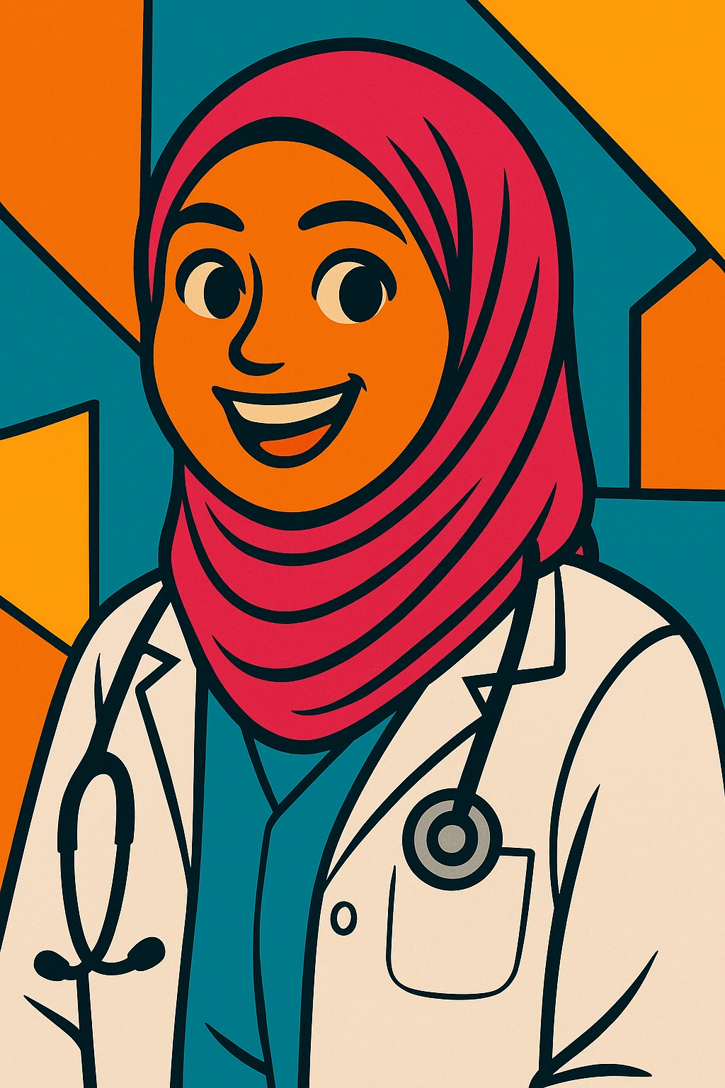 Make the hijabi a doctor in a vibrant cartoon style, smiling and friendly. emoji