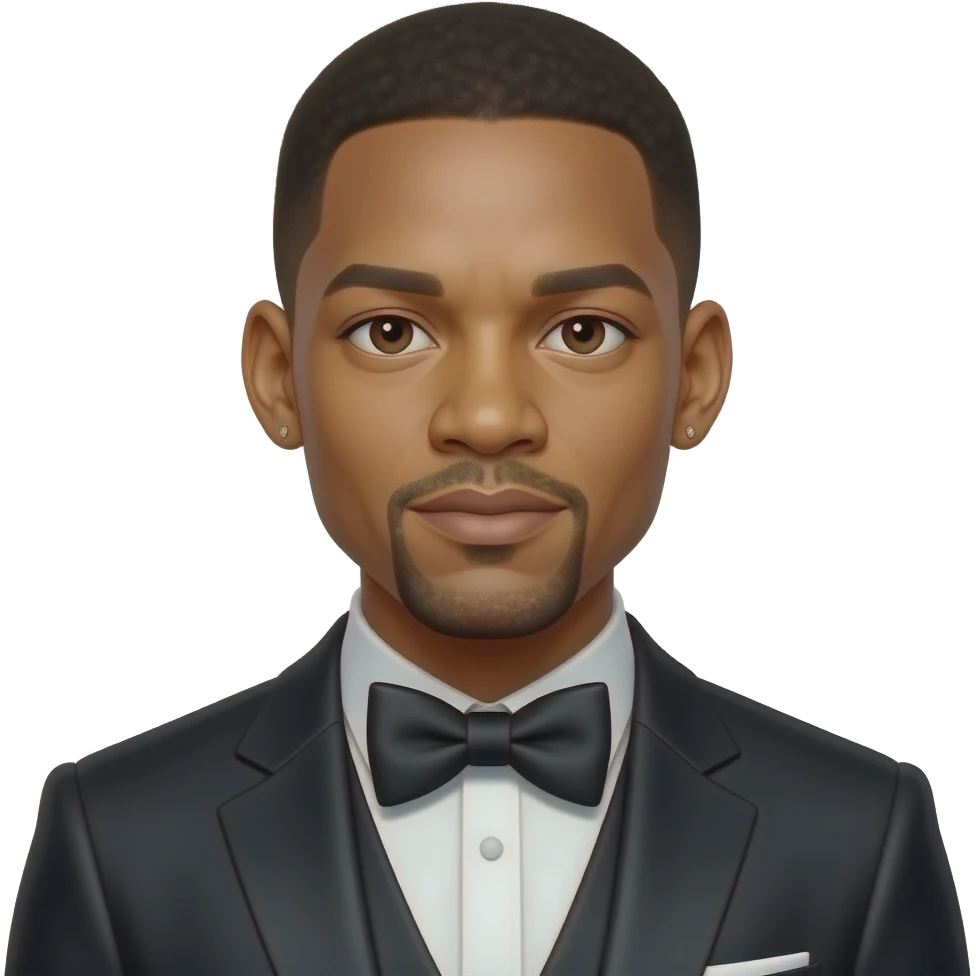 Will Smith with dark brown eyes, black hair, black metallic suit with bow tie, short earrings emoji