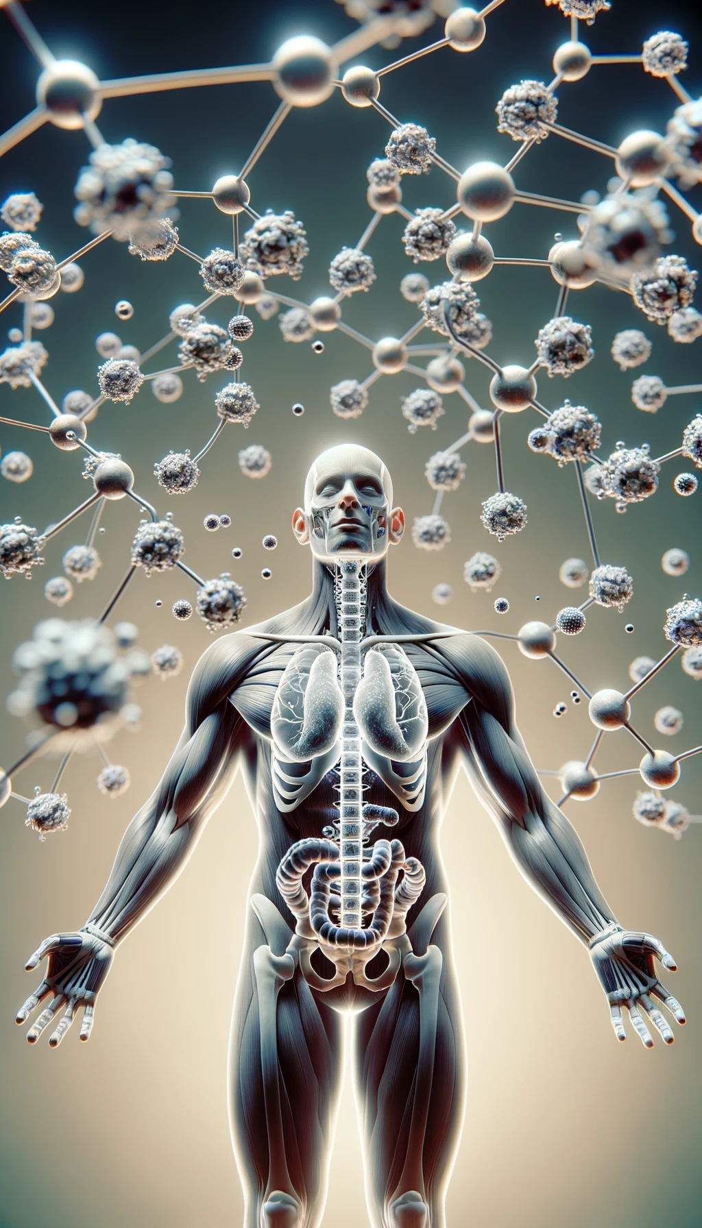 corpo umano anatomico circondato da molecole di dopamina che fluttuano in aria, iperrealistico 4k emoji