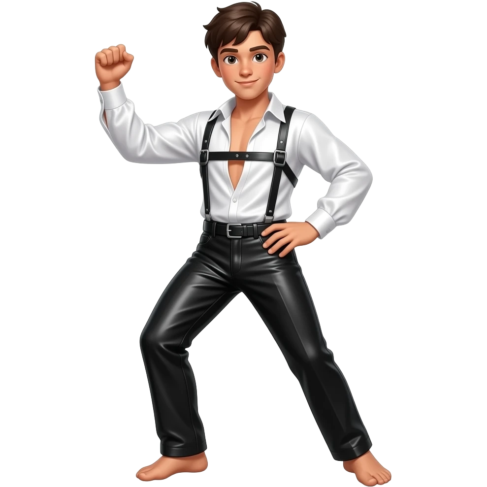 Un chico bailando salsa con camisa blanca manga larga de satin abierta hasta el ombligo, tiene un pantalon de cuerina negro y tiene un arnes en el pecho y esta bailando en una fiesta descalzo emoji