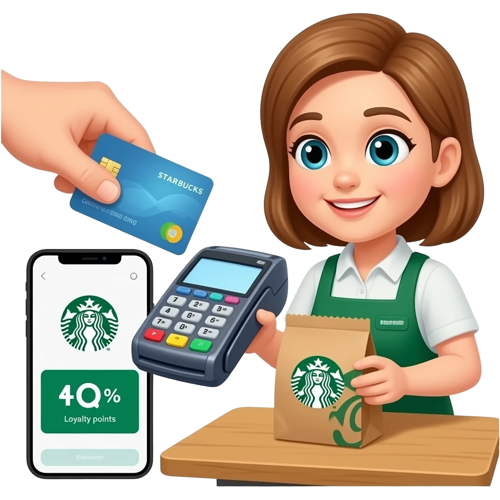 Please show hands of customer left hand they should be paying with their card on POS SYSTEM , have their phone on the table with the starbucks loyalty point and the cahsier should be handing them a pastry in a starbucks packaging emoji
