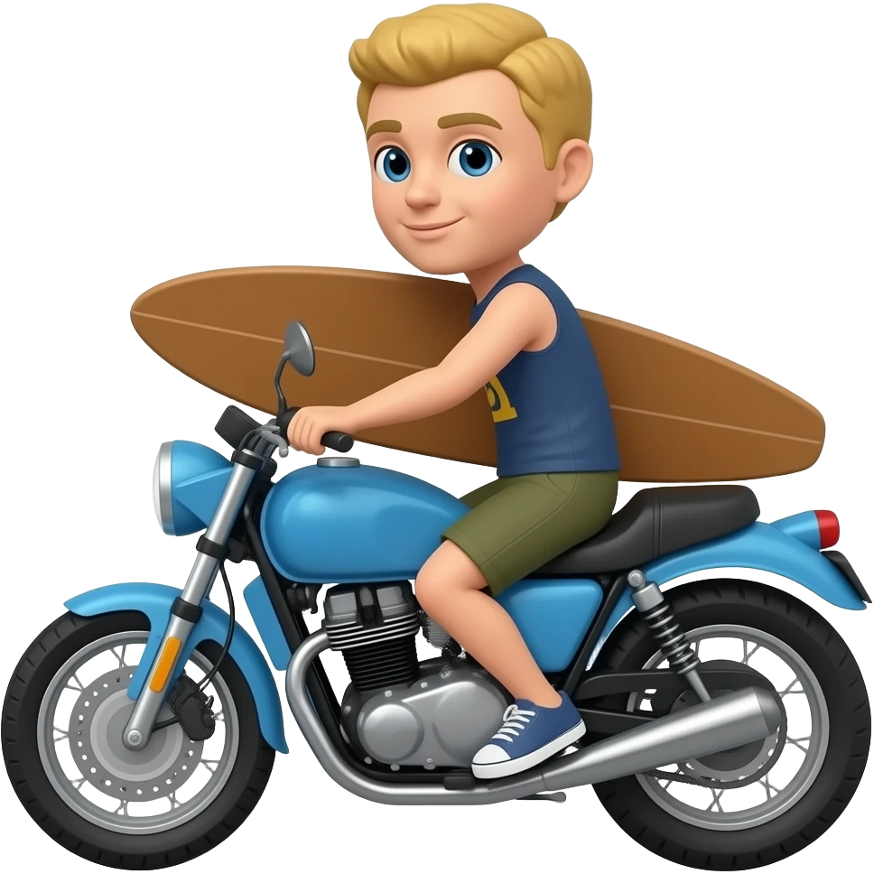 Surfista na moto azul com prancha marrom emoji