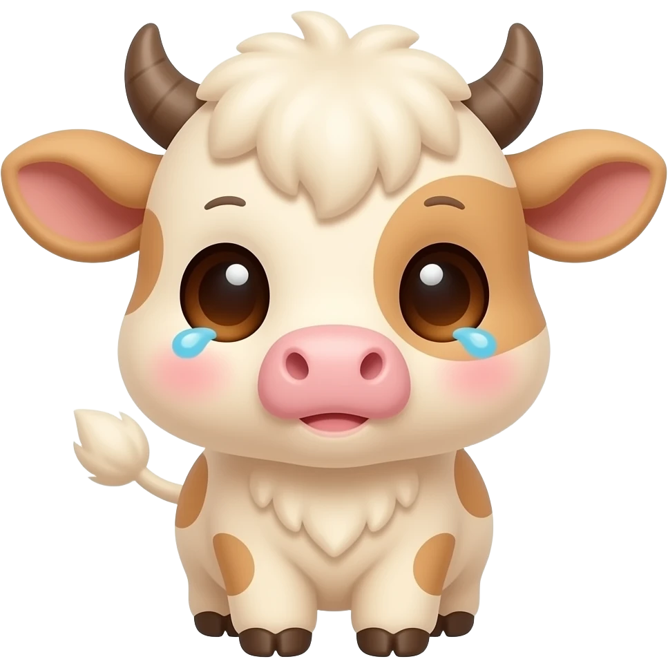 Cute fluffy beige baby cow, kawaii 3D sticker style, soft пушистая fur, big warm brown eyes, pink nose, tiny horns, fluffy bangs, chubby cheeks, pastel colors, adorable expression, transparent background. Different emotions: laughing, crying, angry, sleepy, shy, surprised, heart eyes. emoji