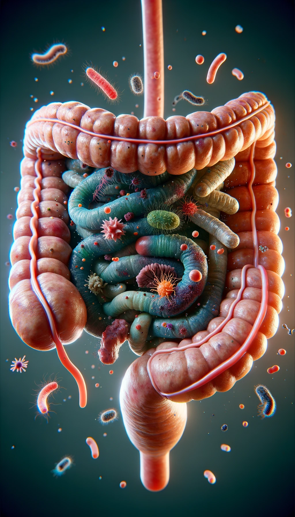intestino umano realistico con batteri e parassiti che gli fluttuano intorno, iperrealistico 4k emoji