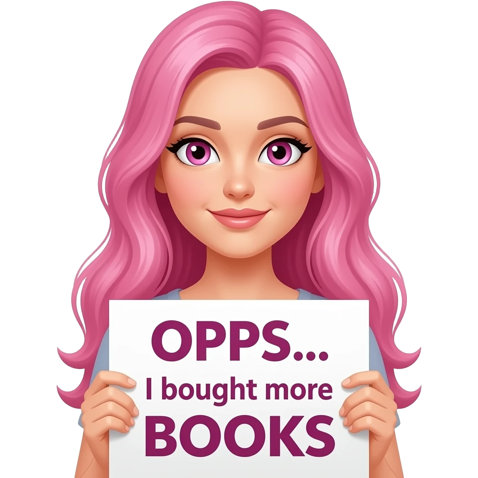 sexy girl with long pink hair and pink eyes holding a OOPS... I bought more BOOKS sign emoji