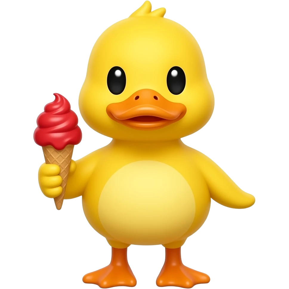 yellow duck standing pose front view hold red color ice cream in one hand emoji
