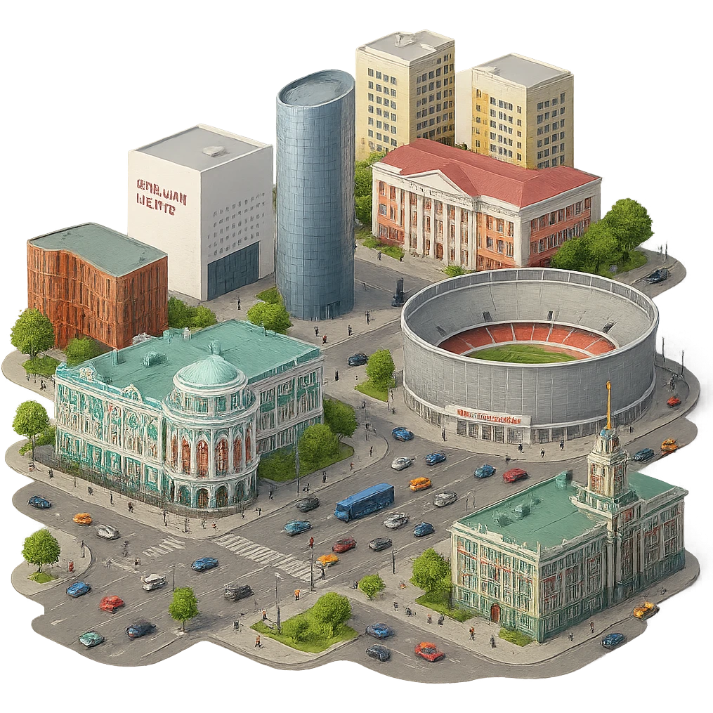 Изометричная миниатюрная фотореалистичная 3D модель Екатеринбурга - Дом Севастьянова, Ельцин-центр, Уральский федеральный университет, дома, Екатеринбург Арена, Медный дом, Здание Свердловского городского совета народных депутатов четкая детализация, яркие цвета, мультяшный реализм, люди, автотранспорт, компактная композиция, вид сверху в изометрии, прозрачный фон emoji
