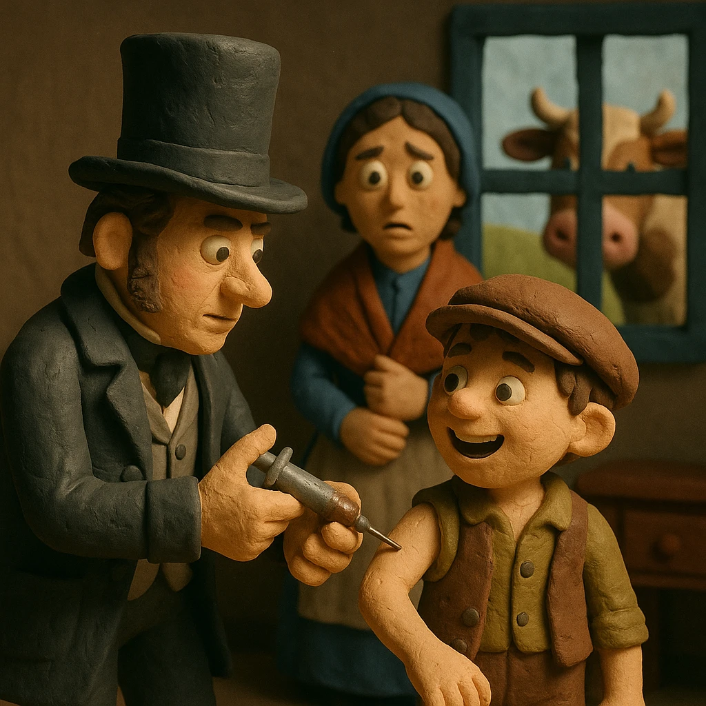 A Victorian doctor giving a young happy poor boy a vaccination with the boy's mother in the background looking worried in their living room. Through the window is a cow emoji