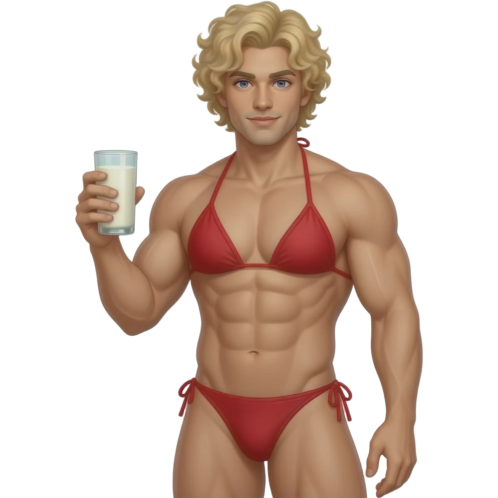 Muscle man with strawberry blonde curly hair in candy apple red colored bikini top and thong bottom holding a glass of milk emoji