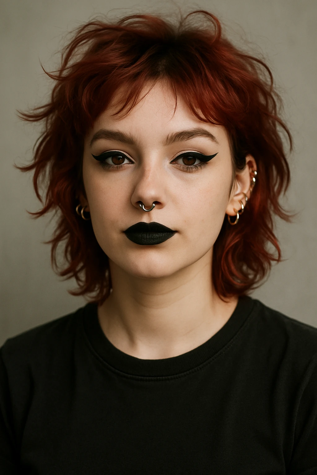 A fair-skinned girl, messy cherry red hair, black t-shirt, dramatic eyeliner, black lipstick, septum and several ear piercings, confident expression. emoji