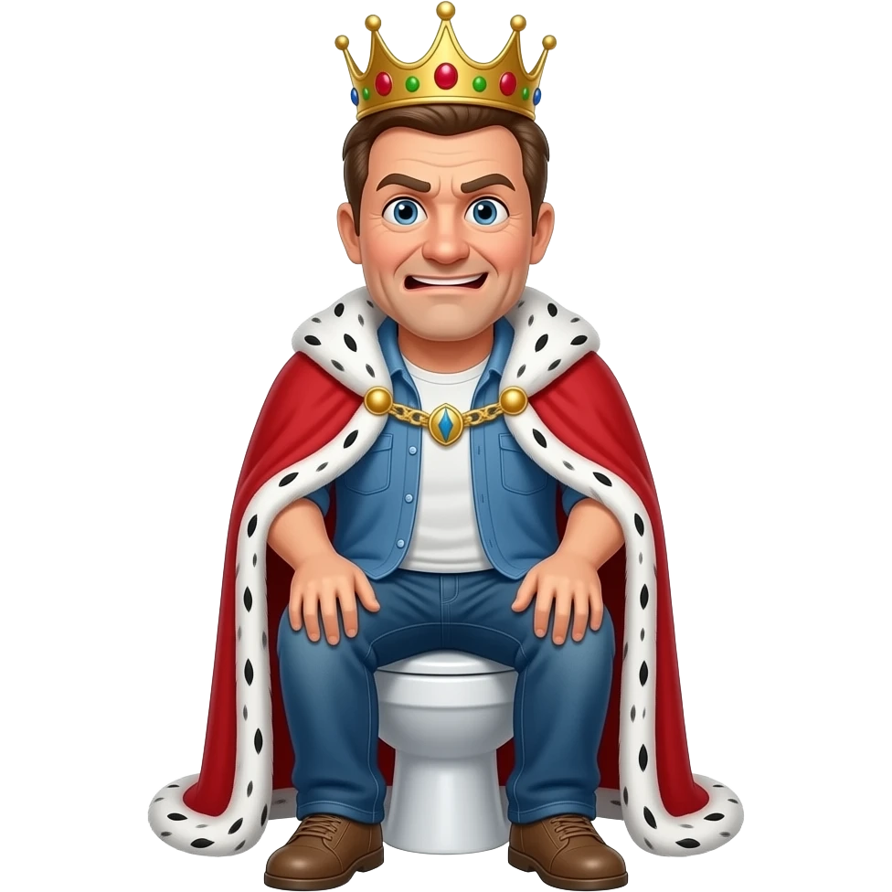 A 55 year-old Caucasian man with brown hair has a crown on his head and sits on a toilet as if he’s sitting on his throne a man wears casual clothes and his half grimacing and half laughing or smiling emoji