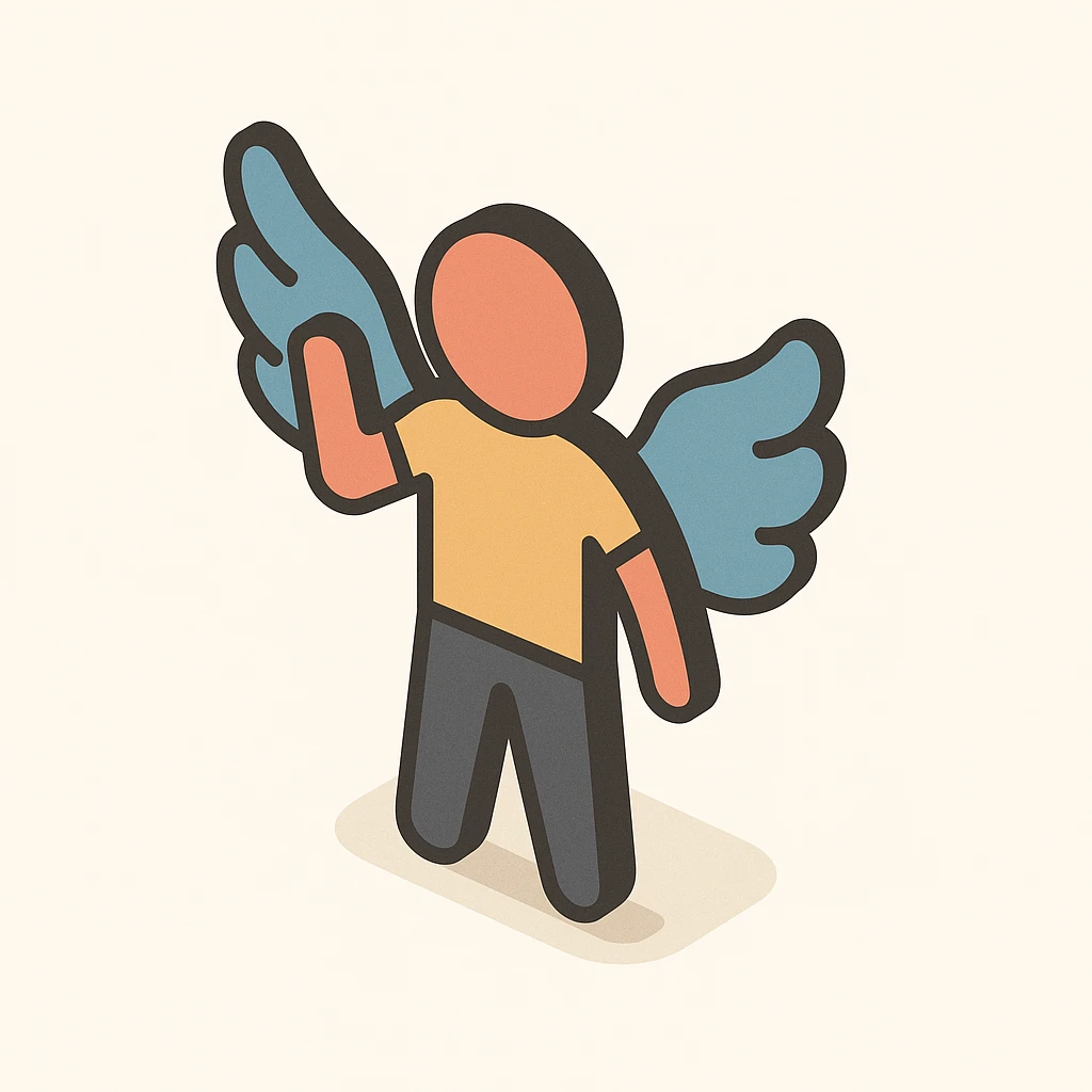 silhouette of a person with wings, symbolizing inner freedom and overcoming limitations, 2D isometric style, simple shape, clear shadows and highlights emoji
