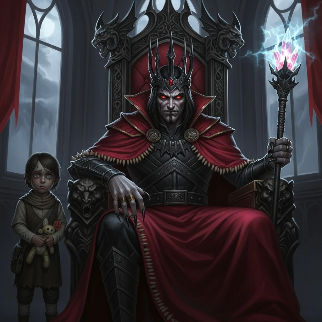 change only the king in first image with the sinister king in second image, and keep the same child on the left in the new image emoji