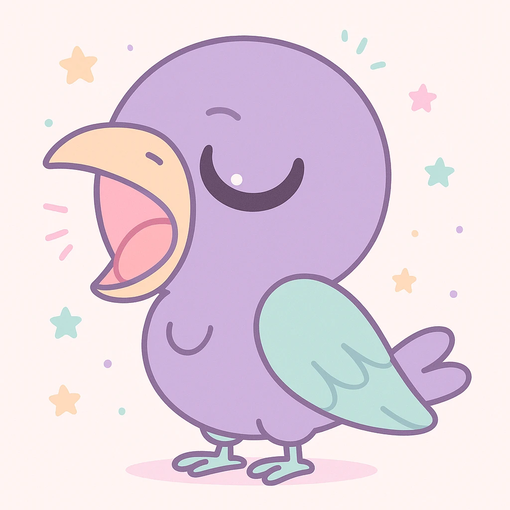 cartoon raven yawning, oversized head, soft shading, cute and sleepy emoji