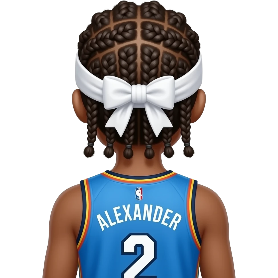 sga in a okc thunder  jersey no braids over the headband all under from the back with his jersey having the number 2 on the back and make him have bubble braids going under a white headband in the back no bow in the headband and make the braids shorter last name on the back Alexander emoji