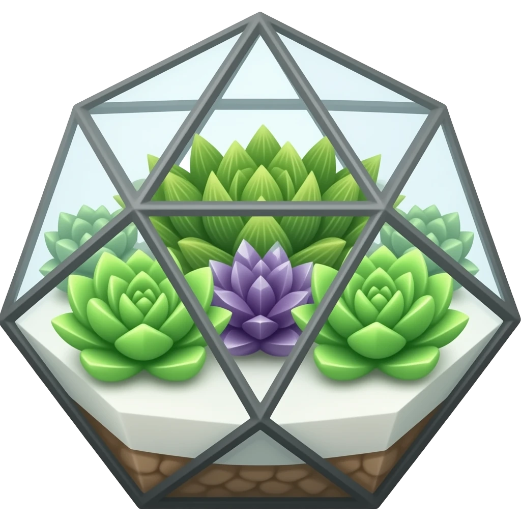 Mini succulents geometrical terrarium with small amethyst cluster inside emoji