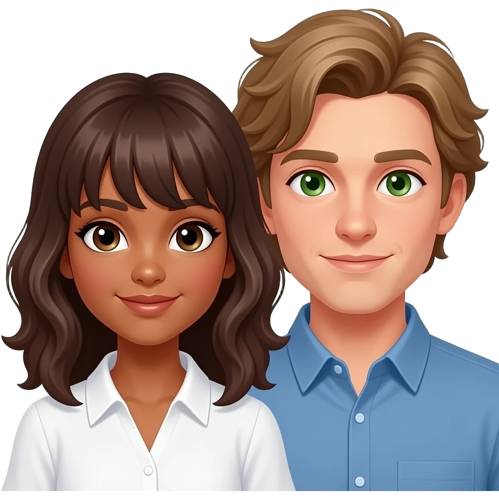 a girl with olive skin, wavy mid-length hair brown hair with middle part and curtain bangs with dark brown eyes wearing a white blouse and a guy with oval face slightly tan green eyes and blond-brown shaggy hair wearing blue collar shirt and they are both in love emoji