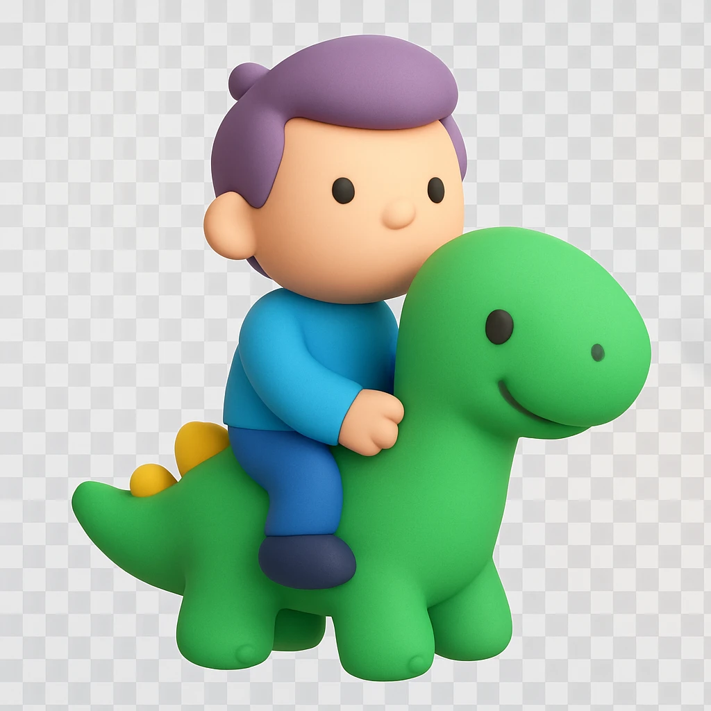 A man with short hair riding a cute green dinosaur emoji