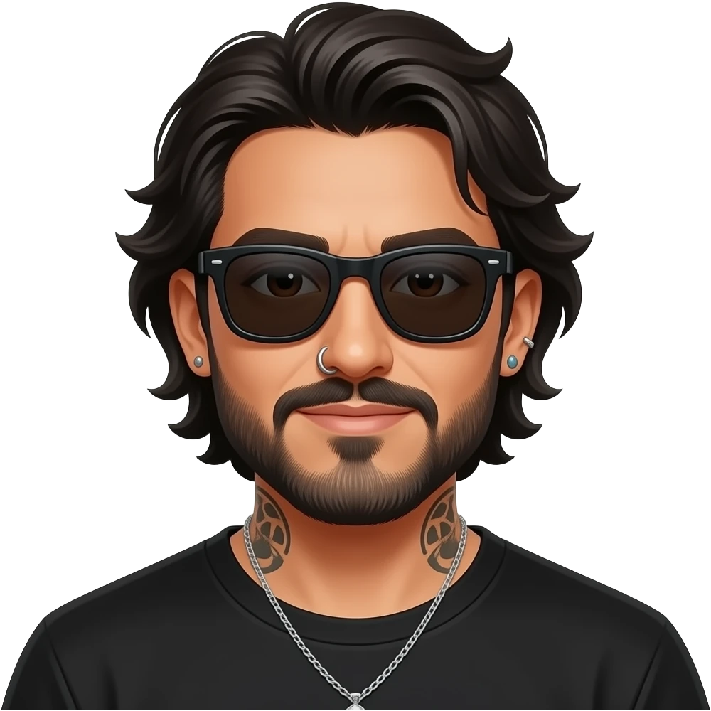 The handsome manly Latino podcast host with medium length hair, a long slightly graying beard and tattoos with his ears pierced 1 time each ear and a nose ring on the right side, dark brown eyes, wearing black, super dark sunglasses, jewelry, hanging out with his three sons emoji