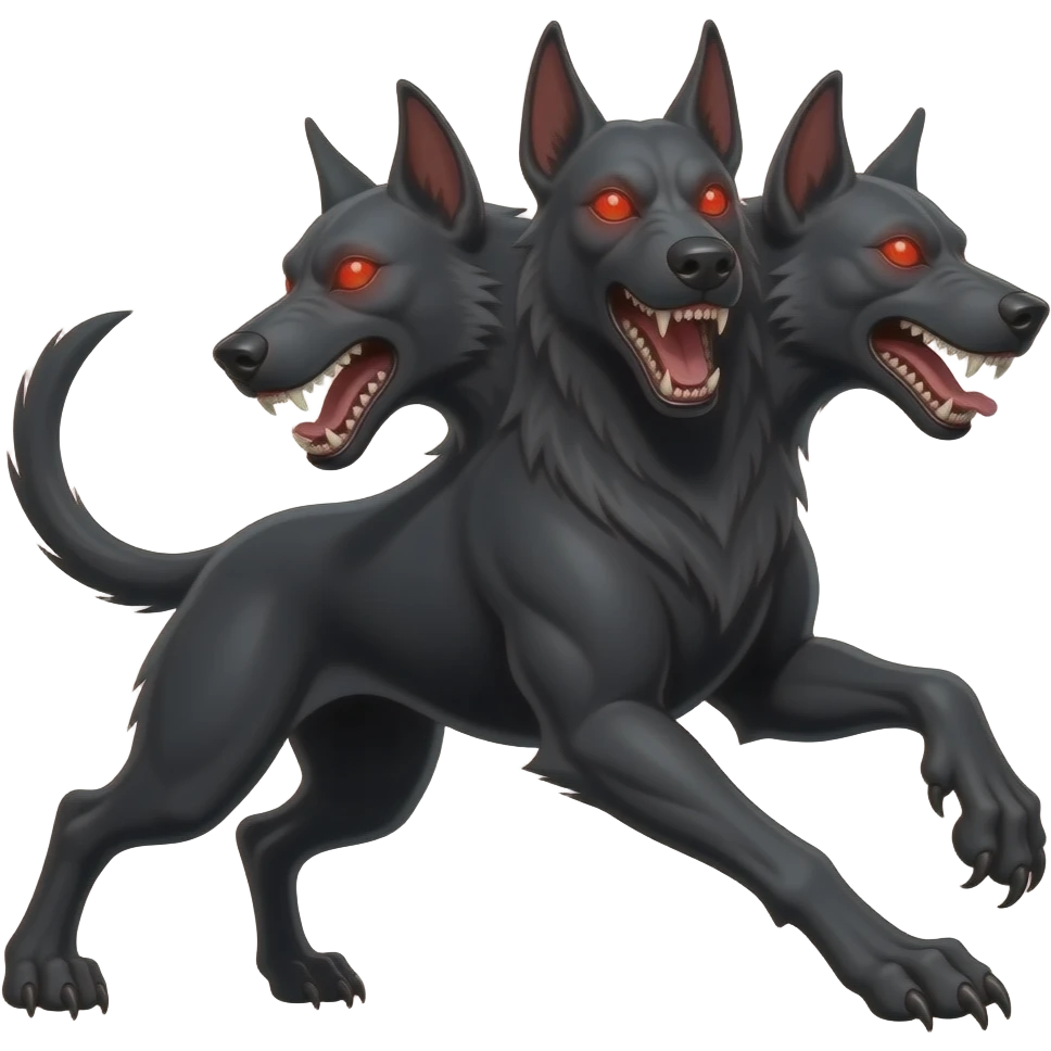 cinematic - cerberus, a three-headed haunting dog - jumping - that guards the gates of the underworld emoji