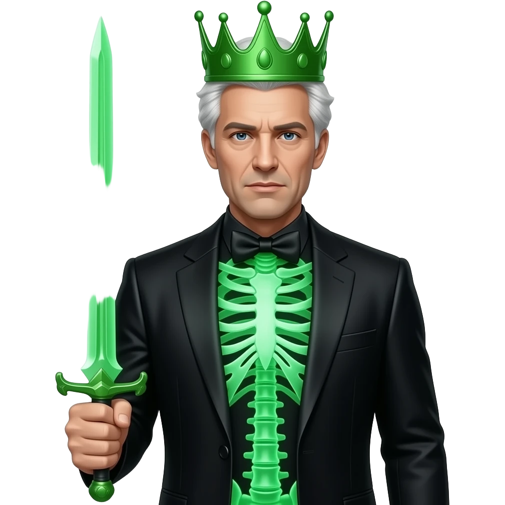 A man that has a black suit and his torso is transparent that Shows green bones and he has a green crown and sword and has white fluffy hair emoji