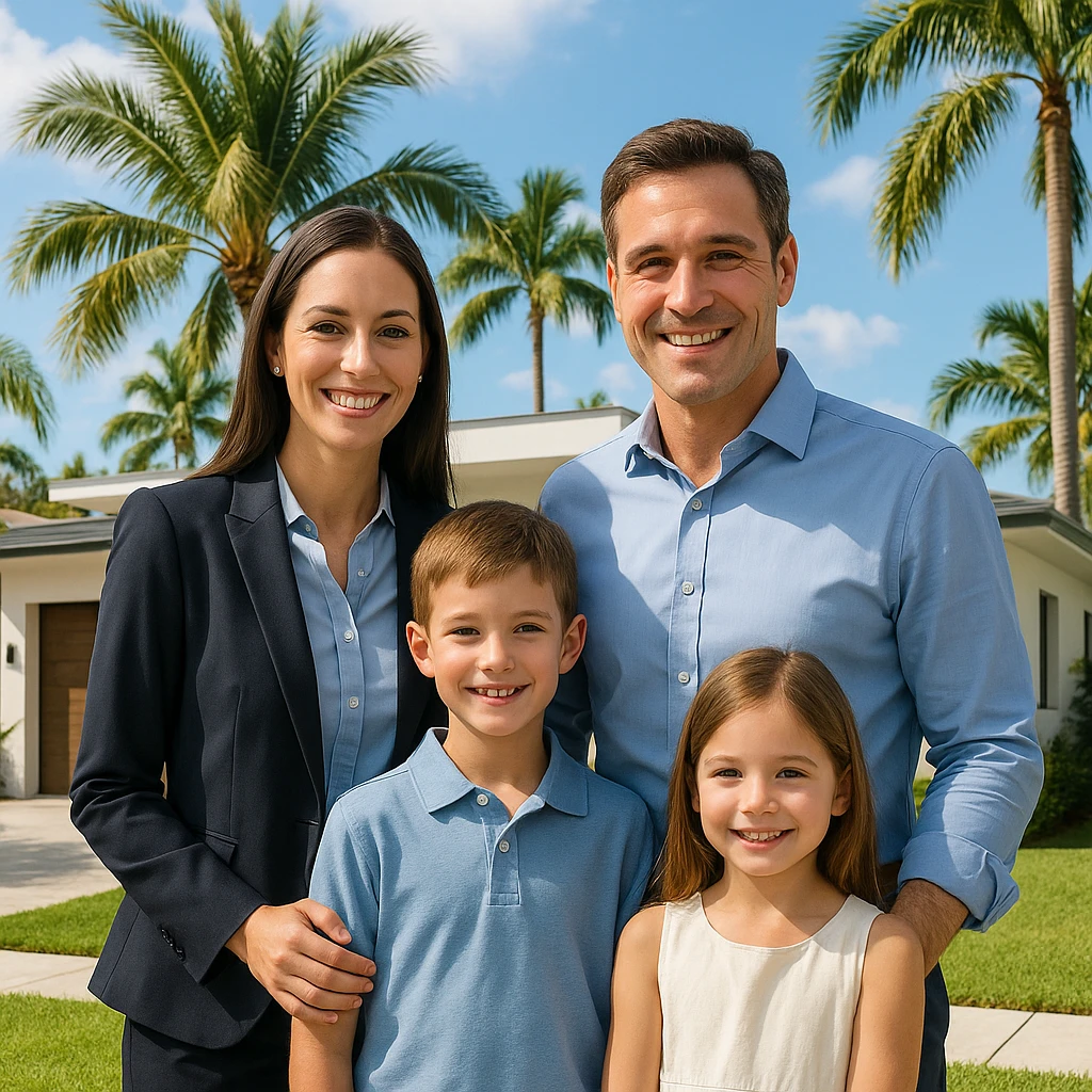 Foto hiper realista que refleje a nuestro cliente ideal de real estate: familias profesionales que desean mudarse a Miami o adquirir una segunda residencia. Familia tradicional de madre, padre, hijo e hija. emoji