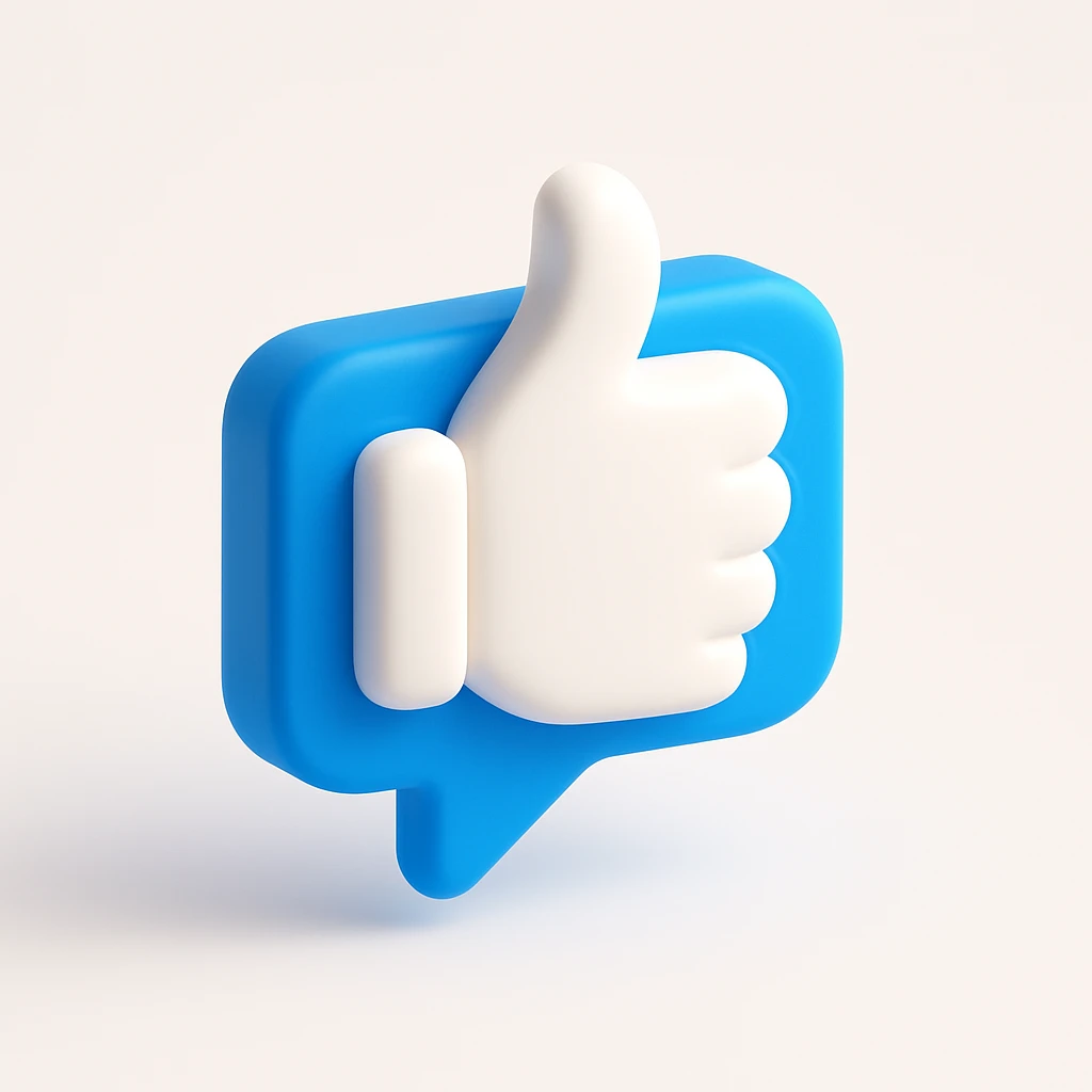 3D thumbs up like icon, white thumb on bright blue speech bubble, modern social media style, floating, high gloss, minimal design, centered, isolated on white background emoji